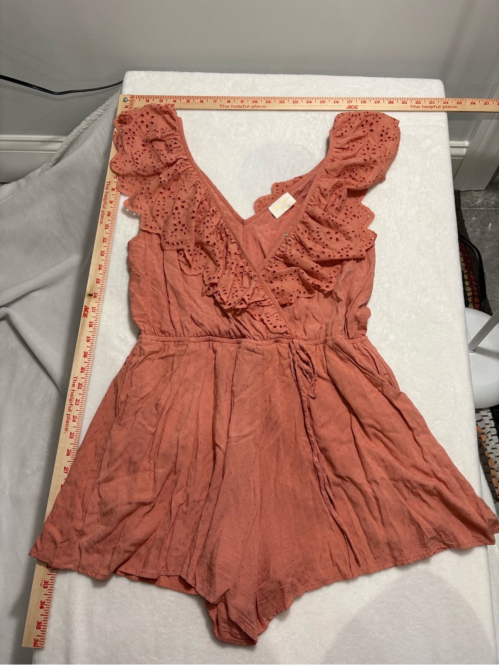 Allie Rose Rust Eyelet Ruffle V-Neck Romper